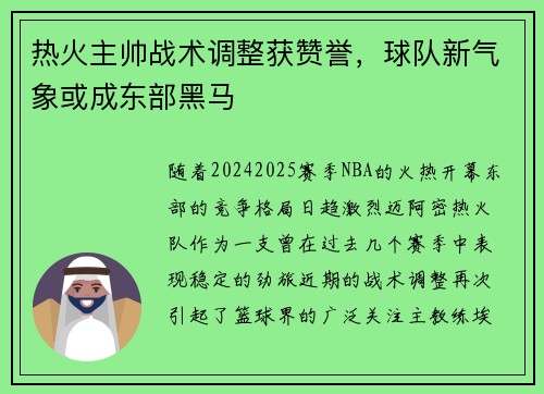 热火主帅战术调整获赞誉，球队新气象或成东部黑马
